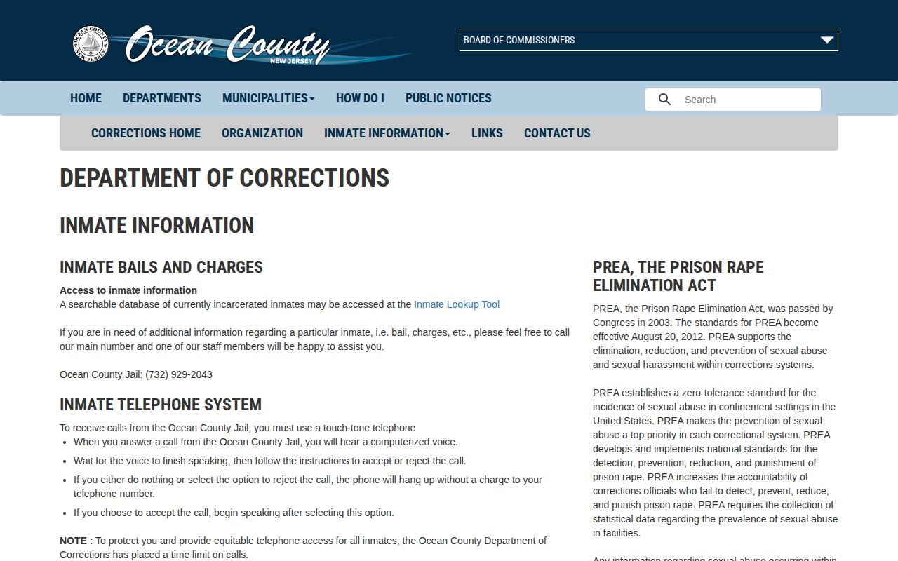 Ocean County inmate information landing page and jail phone fallback