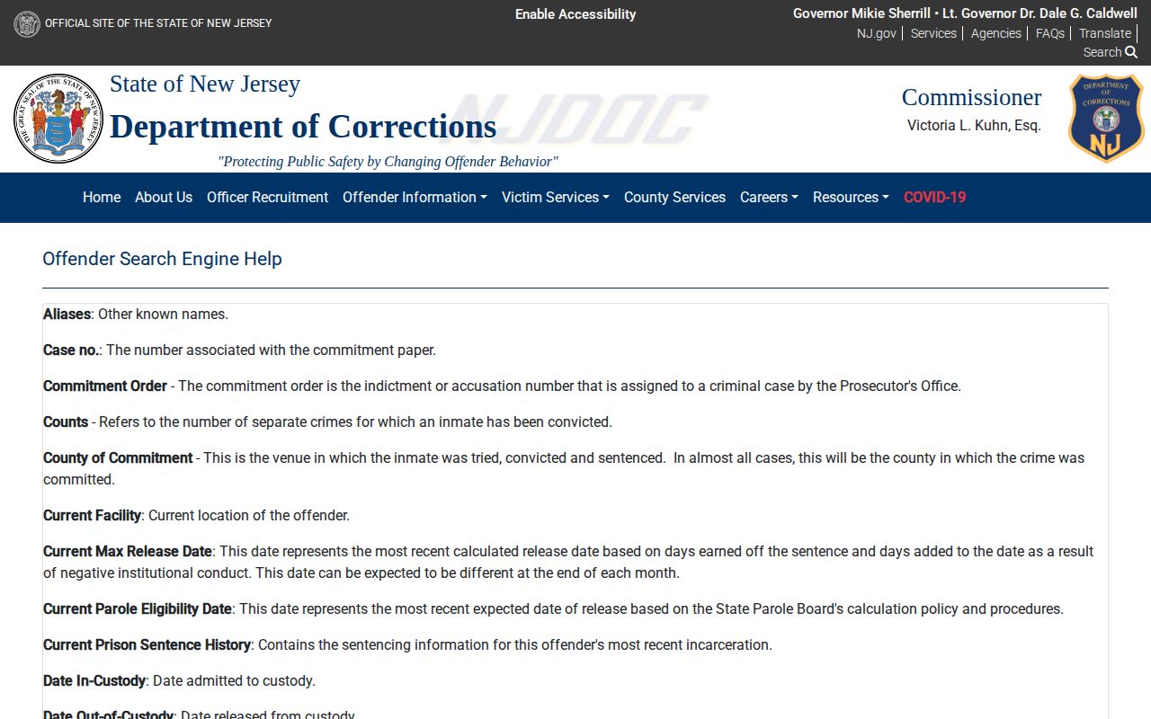 NJDOC field definitions for Ocean County inmate release dates