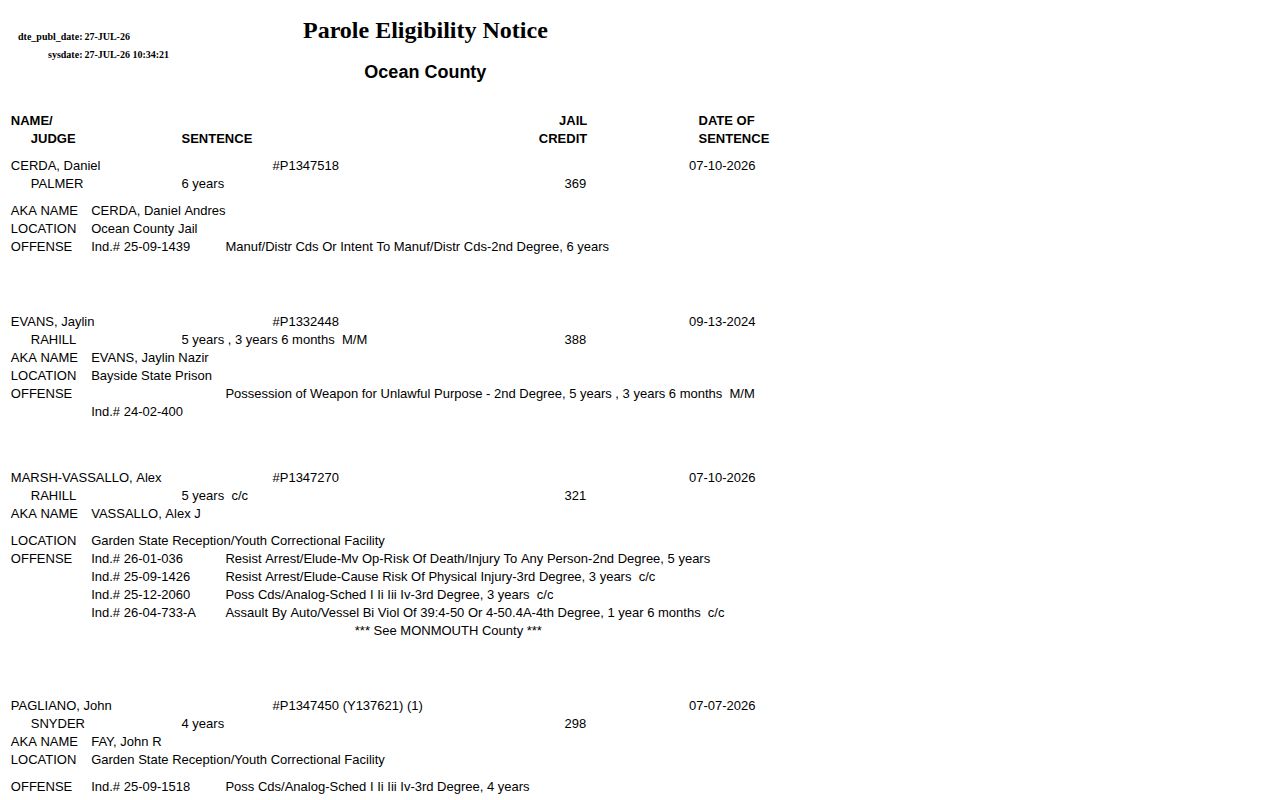 Current Ocean County New Jersey parole eligibility notice