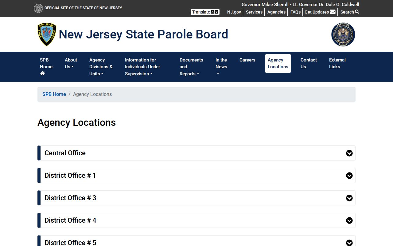 New Jersey State Parole Board locations page for Ocean County office routing